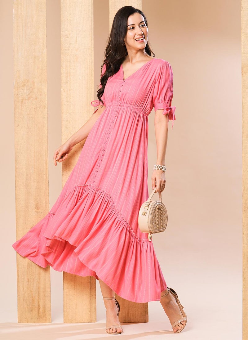 Globus Women Pink Self Design Gathered Waist High-Low Hem Fit & Flare Midi Dress - Image 3